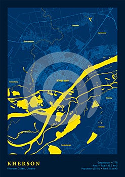 Kherson Map Vector Poster Highly Detailed Map In Yellow Blue Colours