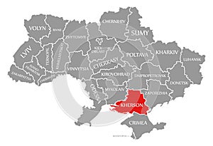 Kherson red highlighted in map of the Ukraine