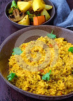Khichdi served with vegetable fry