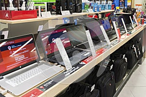 Khimki, Russia - December 22 2015. Laptops In Mvideo large chain stores selling electronics and household appliances