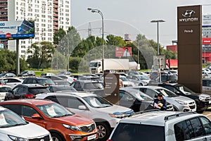 Khimki, Russia - September 12.2016. Many different cars around the salon for sale of used cars