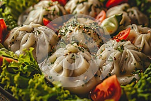 Khinkali, Georgian Dumplings also Called Dimsum, Momo, Jiaozi, Dyushbara, Manti with Melted Butter