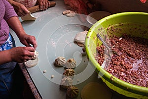 Khinkali preparation, Georgian meat dumplings