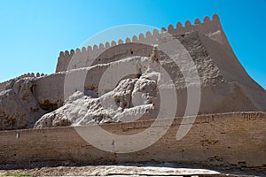 City wall of Ancient city of Itchan Kala in Khiva, Uzbekistan. Itchan Kala is Unesco World Heritage Site
