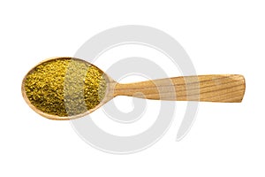 Khmeli suneli in wooden spoon isolated on white background. spice for cooking food, top view