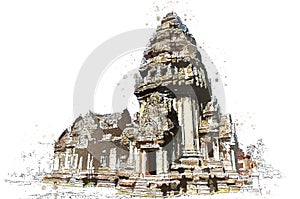 Khmer stone sanctuary in watercolor art of vector. photo