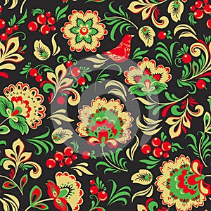 Khokhloma painting vector seamless pattern, decoration objects in folk style