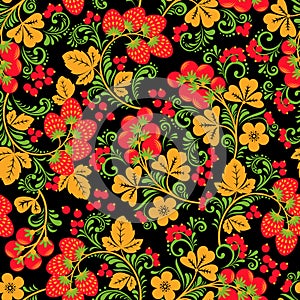 Khokhloma seamless pattern with berries and leaves on black background