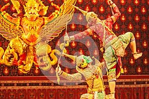 Khon performance, the battle between giant and evil in literature the Ramayana epic. Khon is Thai classic masked play, culture and photo