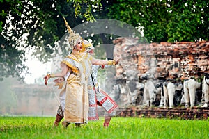 [KHON THAI,RANAYANA MASKED] Thai traditional dance of the Ramayana dance drama at old temple in Ayutthaya, Art culture Thailand D