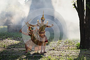 Khon is traditional Thai classic masked play enacting scenes from the Ramayana in a public place at Wat Ma Hea Yong,