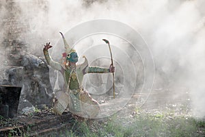 Khon is traditional Thai classic masked play enacting scenes from the Ramayana in a public place at Wat Ma Hea Yong,