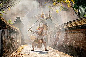 Khon or traditional Thai classic masked from the Ramakien action of traditional dance with fighting between human and giant with