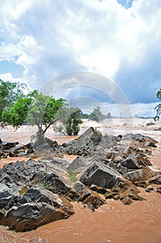 Khone Phapheng falls on the Mekong River in Laos during the Monsoon flooding