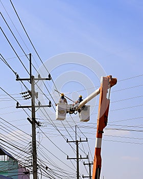 Khonkean, Thailand- JAN 17:Electrician installing high powered e photo
