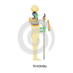 Khonsu, old Egyptian god of Moon. Ancient Egypts deity with disk on head. History and religion character profile