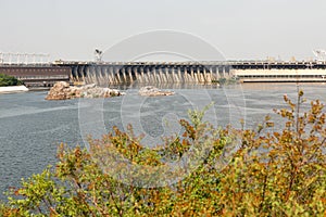 Khortytsia island, Dnieper River and hydroelectric power plant. Zaporizhia, Ukraine