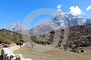 Khumbila mountain rises above the green valley in Sagarmatha national park