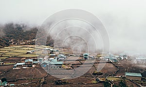 Khumjung Village View with heavy clouds over settlement . Everest Base Camp EBC trekking route. Sagarmatha National Park, Nepal