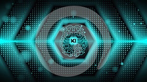 KI Electronic Brain with Artificial Intelligence symbol - hexagonal design background