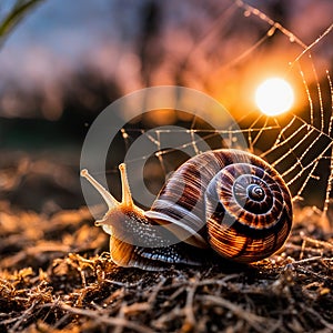 Ki generated snail in sunlight with spider web