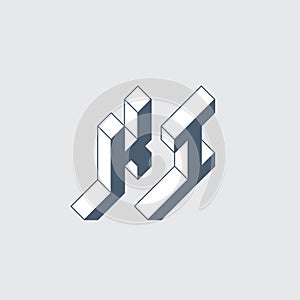 KI - international 2-letter code or National domain of Kiribati. K and I - Monogram or logotype. Isometric 3d font for design.