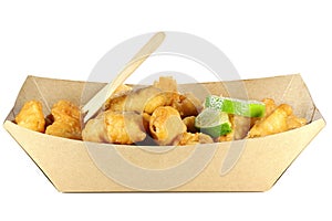 Kibbeling in a cardboard tray isolated on white background.
