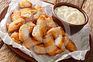 Kibbeling is a Dutch snack consisting of battered chunks of fish, commonly served with a mayonnaise based garlic sauce closeup in