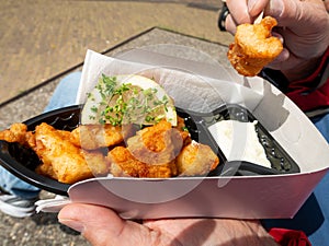 Kibbeling, Dutch snack of fried fish nuggets with slice of lemon and mayonnaise, Netherlands