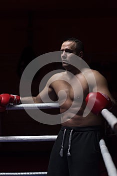 Kick boxer resting on the ropes in the corner