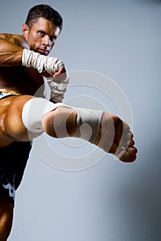 Kick-boxer training before fight