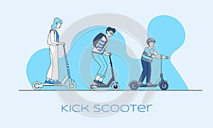 Kick scooter vector banner. Modern personal transport, city eco-friendly vehicles outline concept.