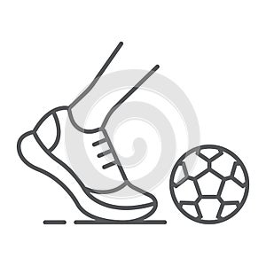 Kickball thin line icon, football and play, foot with ball sign, vector graphics, a linear pattern on a white background