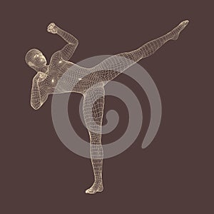 Kickbox Fighter Preparing to Execute a High Kick. Fitness, Sport, Training and Martial Arts Concept. 3D Model of Man.