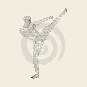 Kickbox Fighter Preparing to Execute a High Kick. Fitness, Sport, Training and Martial Arts Concept. 3D Model of Man. Human Body.