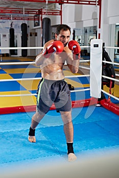 Kickbox fighter shadow boxing in the ring