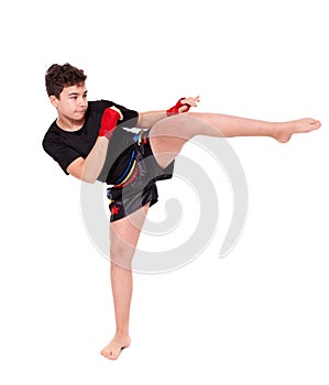 Kickboxer training isolated on white