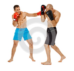 Kickboxers sparring on white