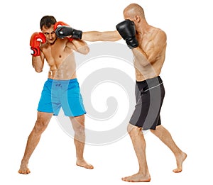 Kickboxers sparring on white