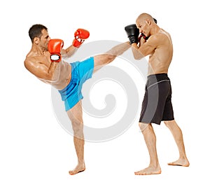 Kickboxers sparring on white