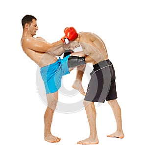 Kickboxers sparring on white