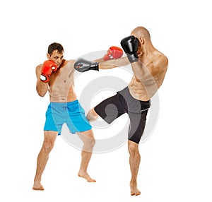 Kickboxers sparring on white