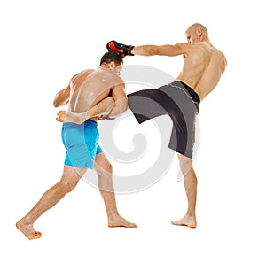 Kickboxers sparring on white