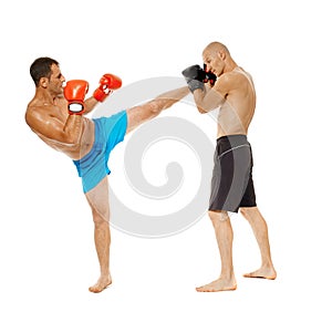 Kickboxers sparring on white