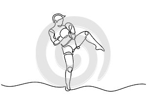 Kickboxing continuous line drawing. Vector illustration of a man kick exercise, muay thai sport theme people doing fighting