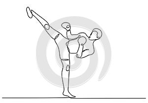 Kickboxing continuous line drawing. Vector illustration of a man kick exercise, sport theme people doing fighting activity