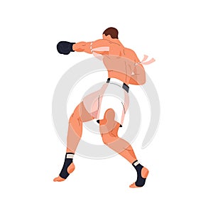 Kickboxing fighter. Kick-boxing wrestler in action pose, attacking position, punching with fist in glove. Boxer athlete