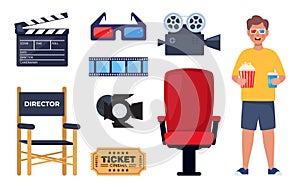 Kid with 3d glasses, soda and popcorn. Set of cinema elements. Tickets, clapperboard, montage tape, video camera. Vector