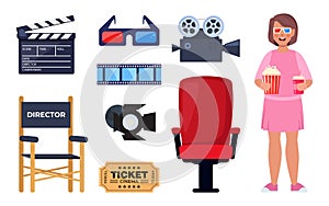 Kid with 3d glasses, soda and popcorn. Set of cinema elements. Tickets, clapperboard, montage tape, video camera. Vector