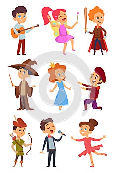 Kid actors. Theater performance of funny childrens boys and girls in costume standing at school stage vector characters